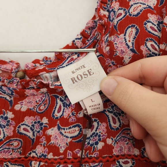 NWT Knox Rose Boho Dress Womens L Red Paisley Long Sleeve Tiered Cottagecore - Picture 2 of 9